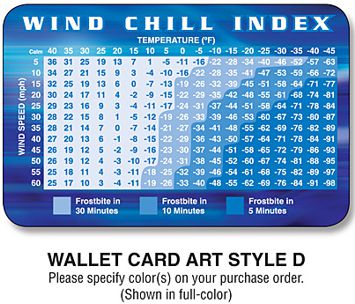 printed wind chill index chart wallet cards