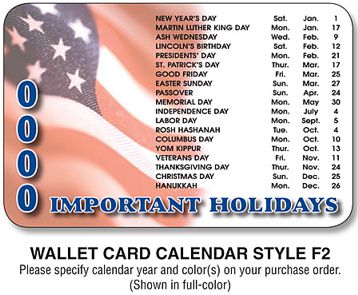 printed important holidays chart2 wallet cards